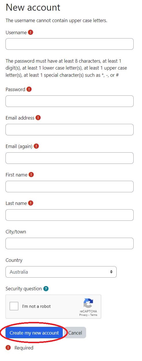 Screenshot of the account creation screen, with a red circle around the 'Create my new account' button.